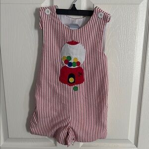 Smocked Red and White Striped Baby Boy Romper with Gumball Machine